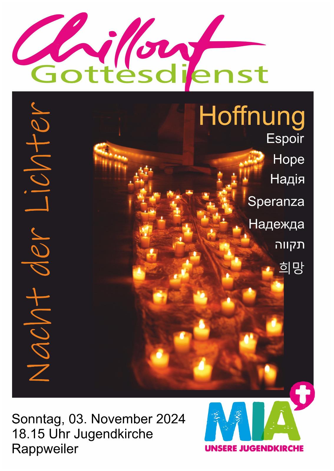 Plakat zum Chillout-Nacht der Lichter im Gebet um Hoffnung in der Jugendkirche Mia am 03.November 2024