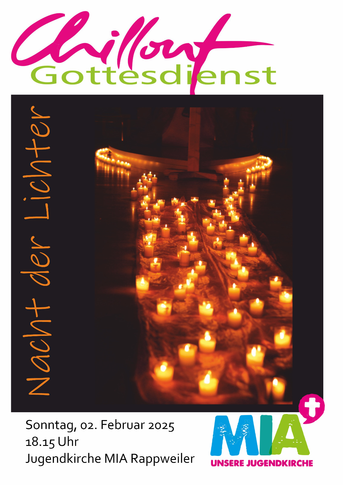 Plakat zur Nacht der Lichter in der Jugendkirche Mia 02.02.25