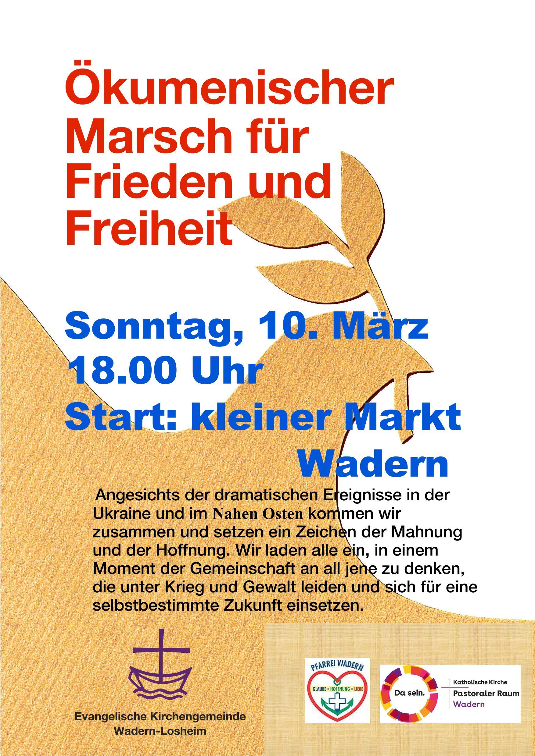 Plakat ökumenischer Marsch für den Frieden 10. März