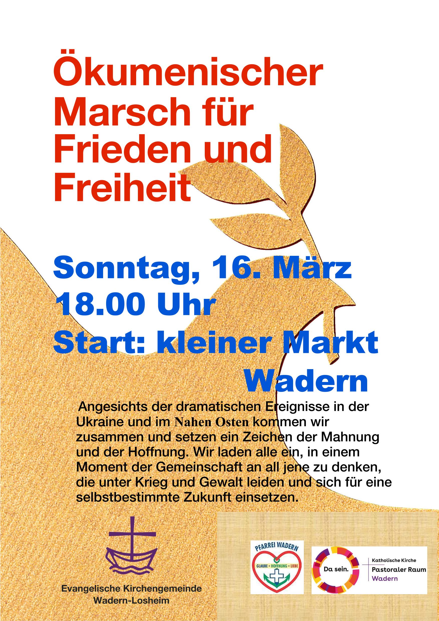 Plakat zum ök. Marsch für Frieden und Freiheit am 16. März in Wadern