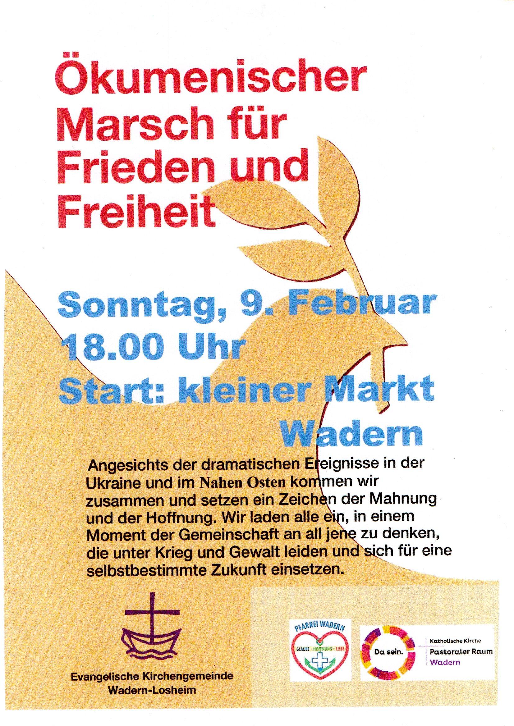 Plakat ökumenischer Marsch für den Frieden  und Freiheit 9.02.25 Wadern